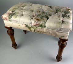 A 19TH CENTURY MAHOGANY FOOTSTOOL UPHOLSTERED IN TORN FOLIATE DESIGN FABRIC, 55cm x 45cm x 33cm