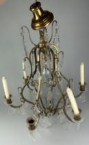 A BRASS AND GLASS CHANDELIER,