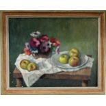 AN OIL ON CANVAS STILL LIFE PAINTING OF APPLES ON A TABLE, Signed indistinctly top right. Mounted in