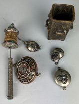 A COLLECTION OF ISLAMIC WHITE METAL AND COLOURED STONE CHARMS, along with a Benin bronze pot (Qty)