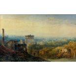 A LARGE WATERCOLOUR PAINTING ON PAPER, 19th Century, depicting an Italian landscape with classical