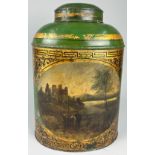 AN ANTIQUE GREEN TOLEWARE TIN