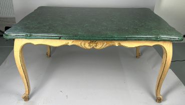 A FRENCH PROVINCIAL DINING TABLE WITH FAUX MALACHITE TOP, Raised on limed cabriole legs, along