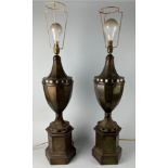 A PAIR OF ITALIAN CLASSICAL METAL URN TABLE LAMPS ON PEDESTAL BASES, Each stamped 'Made in Italy' to