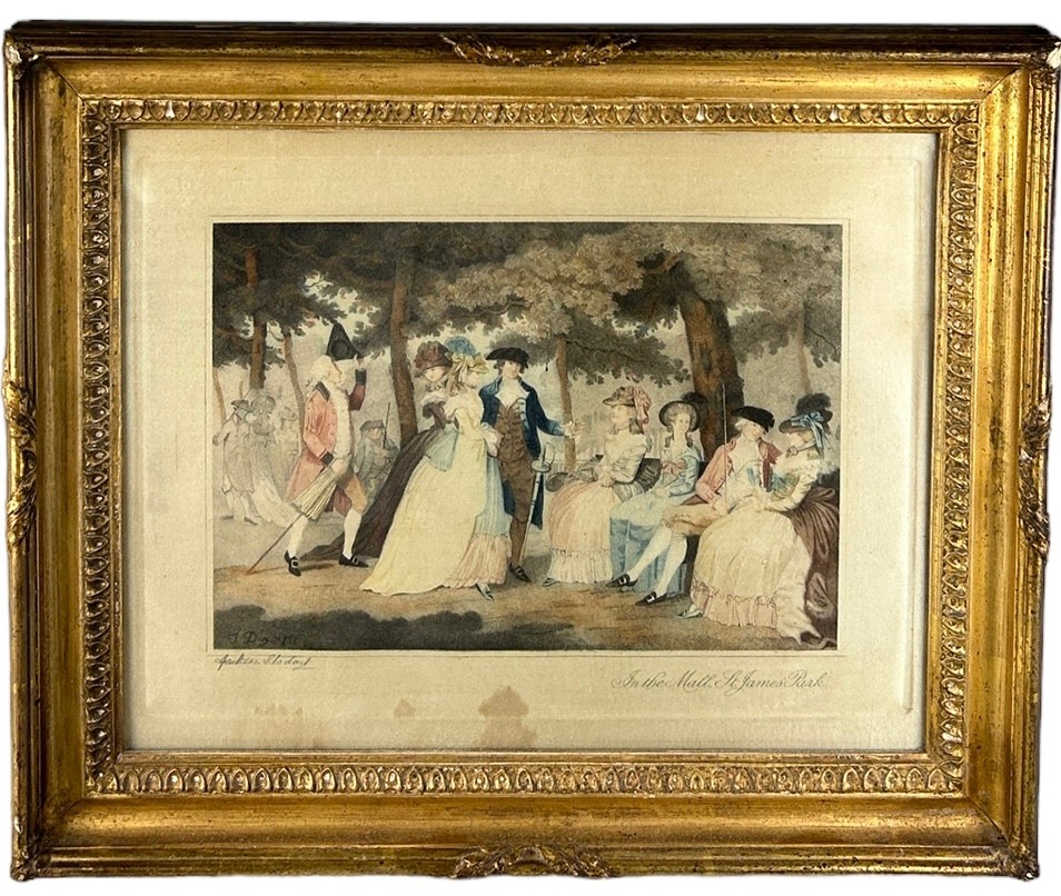 AN EARLY 18TH CENTURY MEZZOTINT 'IN THE MALL, ST JAMES PARK', mounted in a giltwood frame and