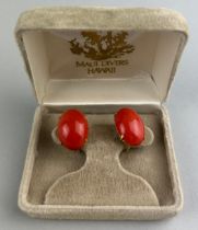 A PAIR OF 14CT GOLD AND CORAL EARRINGS, Marks for 585. Total weight: 8gms 20mm x 10mm