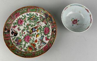 A CHINESE EXPORT FAMILLE VERTE PLATE, along with a white famille rose porcelain bowl (2) Largest