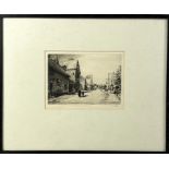 JOSEPH KNIGHT RA (1870-1952) ETCHING OF A CHESHIRE VILLAGE WITH SHOP 'PETER LAMB', Signed, and label