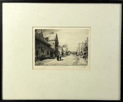 JOSEPH KNIGHT RA (1870-1952) ETCHING OF A CHESHIRE VILLAGE WITH SHOP 'PETER LAMB', Signed, and label