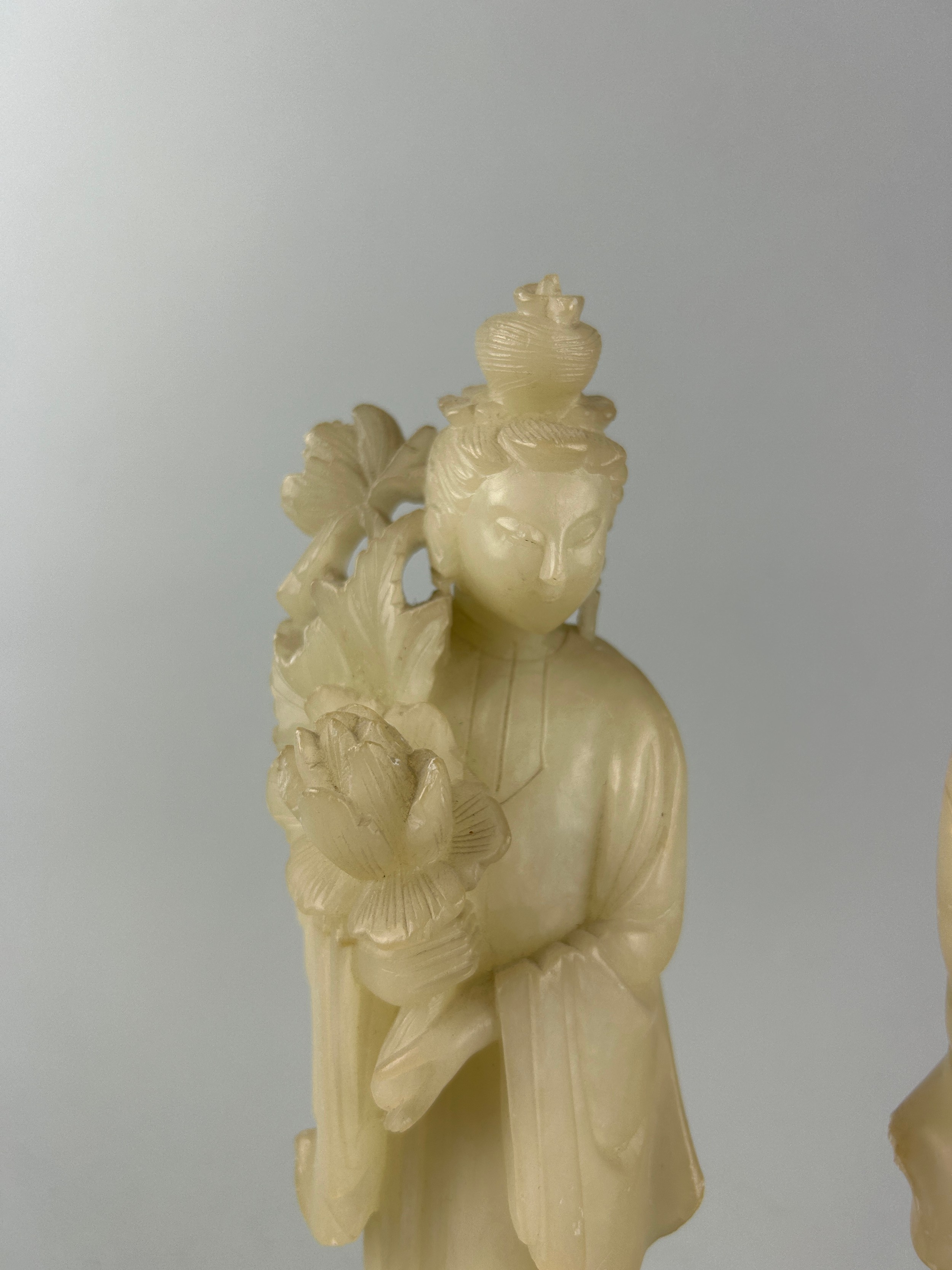 TWO MODERN CARVED JADE CHINESE FIGURES OF WOMEN HOLDING FLOWERS, Marked ‘China’ to verso. 30cm H - Image 2 of 4