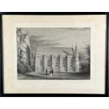 A BLACK AND WHITE ENGRAVING OF UNIVERSITY COLLEGE OXFORD, By J. Le Heux. Mounted in a frame and