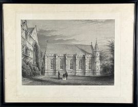 A BLACK AND WHITE ENGRAVING OF UNIVERSITY COLLEGE OXFORD, By J. Le Heux. Mounted in a frame and