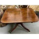 A GEORGIAN MAHOGANY SQUARE TILT-TOP BREAKFAST TABLE, Raised on four swept legs and castors. 122cm