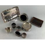 A LOT OF SILVER TO INCLUDE: Picture frame, three napkin rings, one coaster with wood, tray, bowl,