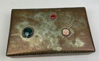 A PERSIAN BRASS BOX INSET WITH VARIOUS HARDSTONES AND CABOCHONS, 14.5cm x 9cm x 3cm