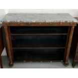A VICTORIAN ROSEWOOD OPEN BOOKCASE WITH VARIEGATED MARBLE TOP, Sitting above a frieze of carved