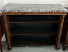 A VICTORIAN ROSEWOOD OPEN BOOKCASE WITH VARIEGATED MARBLE TOP, Sitting above a frieze of carved