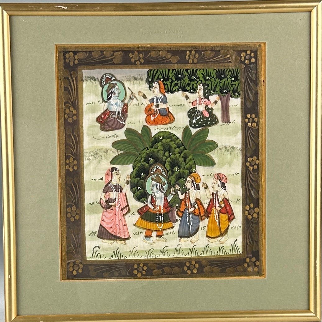 AN INDIAN PAINTING ON SILK DEPICTING SEVEN LADIES IN TRADITIONAL DRESS, Mounted in a frame and - Image 2 of 2