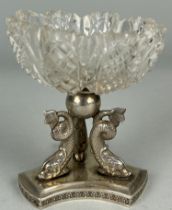 AN UNUSUAL GERMAN 'WEISHAUPT' SILVER AND CRYSTAL CUP WITH DOLPHIN TRIPOD SUPPORT ON BASE