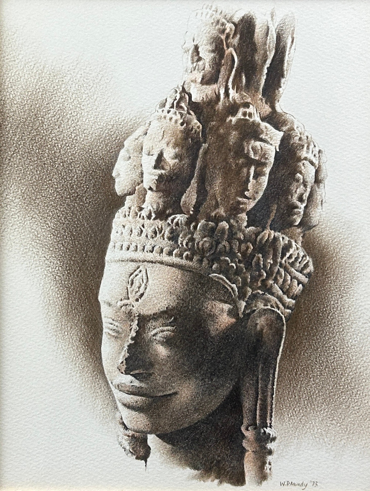 WILLIAM MUNDY (B.1936), A pencil and pastel shading of an ancient South American statue. Mounted