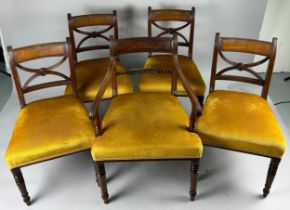 A SET OF FIVE GEORGIAN DINING CHAIRS, X-frame pierced back rail upholstered in green chenille