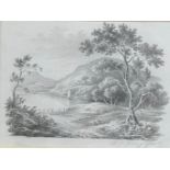 A PENCIL SKETCH OF TREES BESIDE A LAKE, signed indistinctly bottom right. Mounted in a frame and