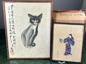 A CHINESE PRINT OF A CAT ALONG WITH A PENCIL AND WATERCOLOUR ON PAPER OF A LADY IN TRADITIONAL DRESS