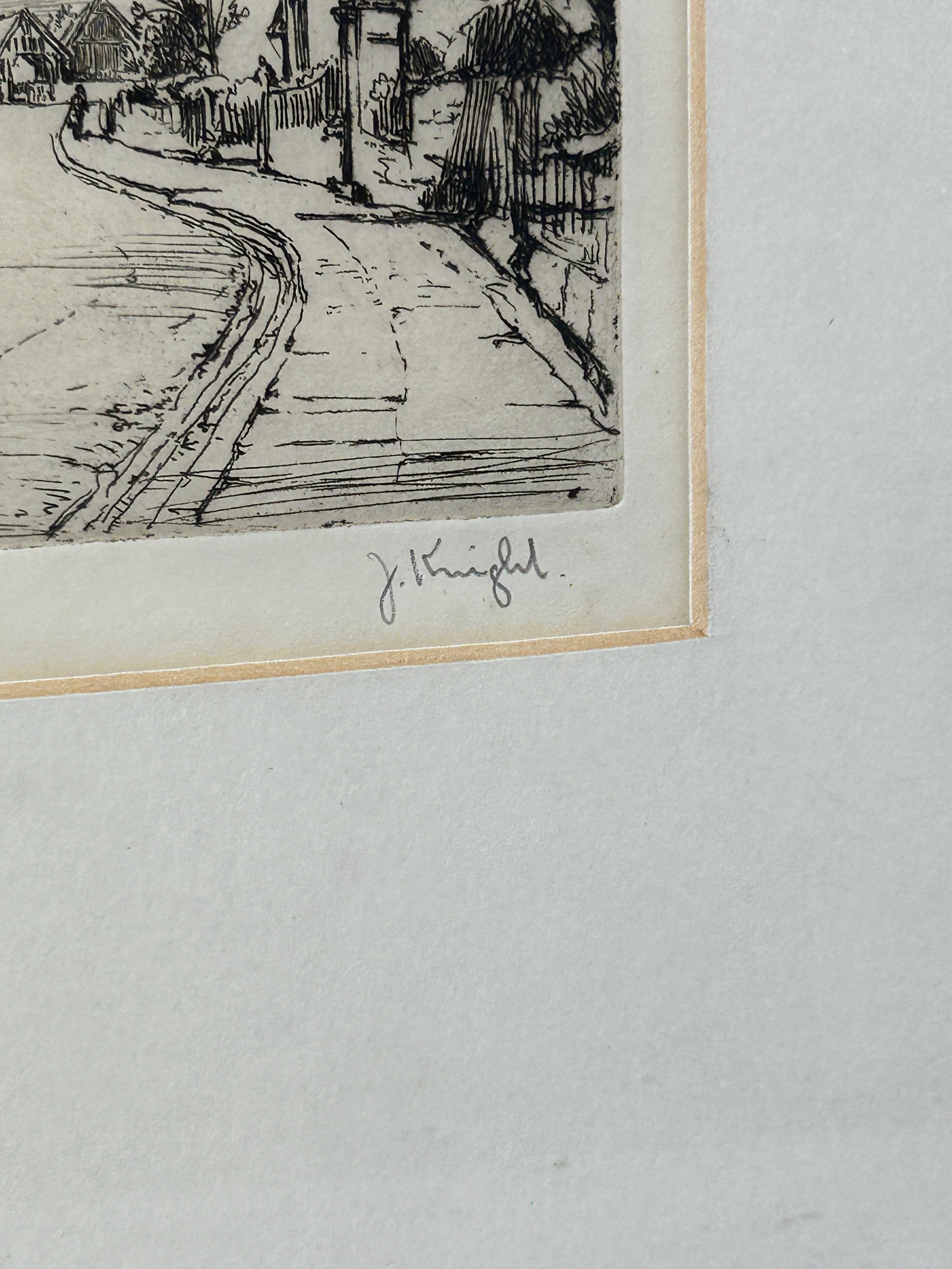 JOSEPH KNIGHT RA (1870-1952) ETCHING OF A CHESHIRE VILLAGE WITH SHOP 'PETER LAMB', Signed, and label - Image 3 of 4