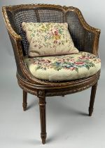 A FRENCH CANED BERGERE WITH NEEDLEPOINT UPHOLSTERED SEAT AND CUSHION OF FOLIATE DESIGN 80cm x 60cm x