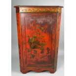 A GEORGE III 'JAPANNED' CORNER CABINET CIRCA 1780, Red lacquer and gilt painted with figures, birds,