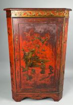 A GEORGE III 'JAPANNED' CORNER CABINET CIRCA 1780, Red lacquer and gilt painted with figures, birds,