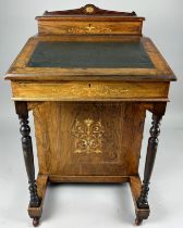 A VICTORIAN ROSEWOOD DAVENPORT, Marquetry inlaid with four drawers, black inset leather top