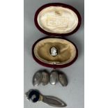 A GOLD CARVED INTAGLIO PIN WITH CLASSICAL BUST, Along with two pairs of silver cufflinks and a