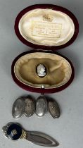 A GOLD CARVED INTAGLIO PIN WITH CLASSICAL BUST, Along with two pairs of silver cufflinks and a