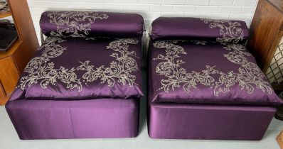 A PAIR OF PURPLE LOUNGE CHAIRS WITH STUDDED SCROLL DESIGN AND TASSLES, Provenance: By repute removed