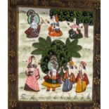 AN INDIAN PAINTING ON SILK DEPICTING SEVEN LADIES IN TRADITIONAL DRESS, Mounted in a frame and
