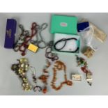 A QUANTITY OF DRESS JEWELLERY TO INCLUDE AMBER AND SILVER NECKLACES, along with lapis lazuli,