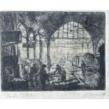 AN ETCHING OF LEEDS STATION, signed indistinctly bottom right, mounted in a frame and glazed 10cm