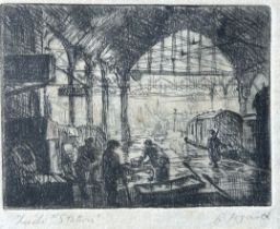 AN ETCHING OF LEEDS STATION, signed indistinctly bottom right, mounted in a frame and glazed 10cm