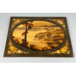 A MARQUETRY INLAID WALL HANGING PLAQUE DEPICTING AN ITALIAN COASTAL TOWN AND SEA, 57cm x 42cm