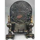 A PAIR OF 17TH CENTURY STYLE FRENCH CAST IRON FIREDOGS, grate, and cast-iron fireback.