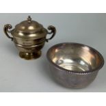 A SMALL SILVER CAMPAGNA URN SHAPED SUGAR POT WITH RISING LID AND TWO HANDLES, along with a silver