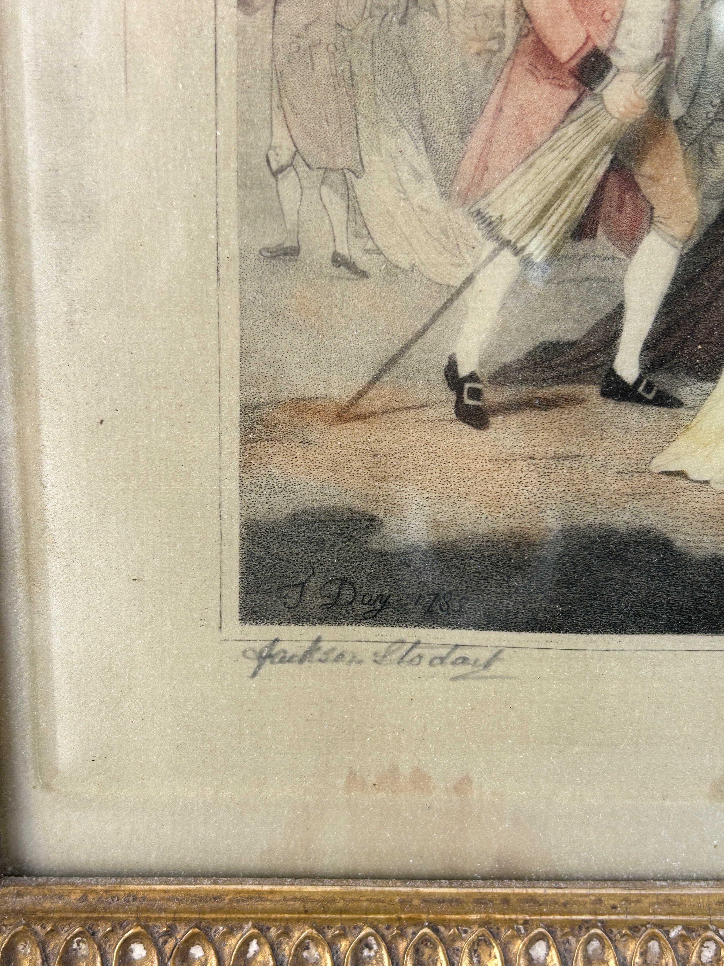 AN EARLY 18TH CENTURY MEZZOTINT 'IN THE MALL, ST JAMES PARK', mounted in a giltwood frame and - Image 4 of 4