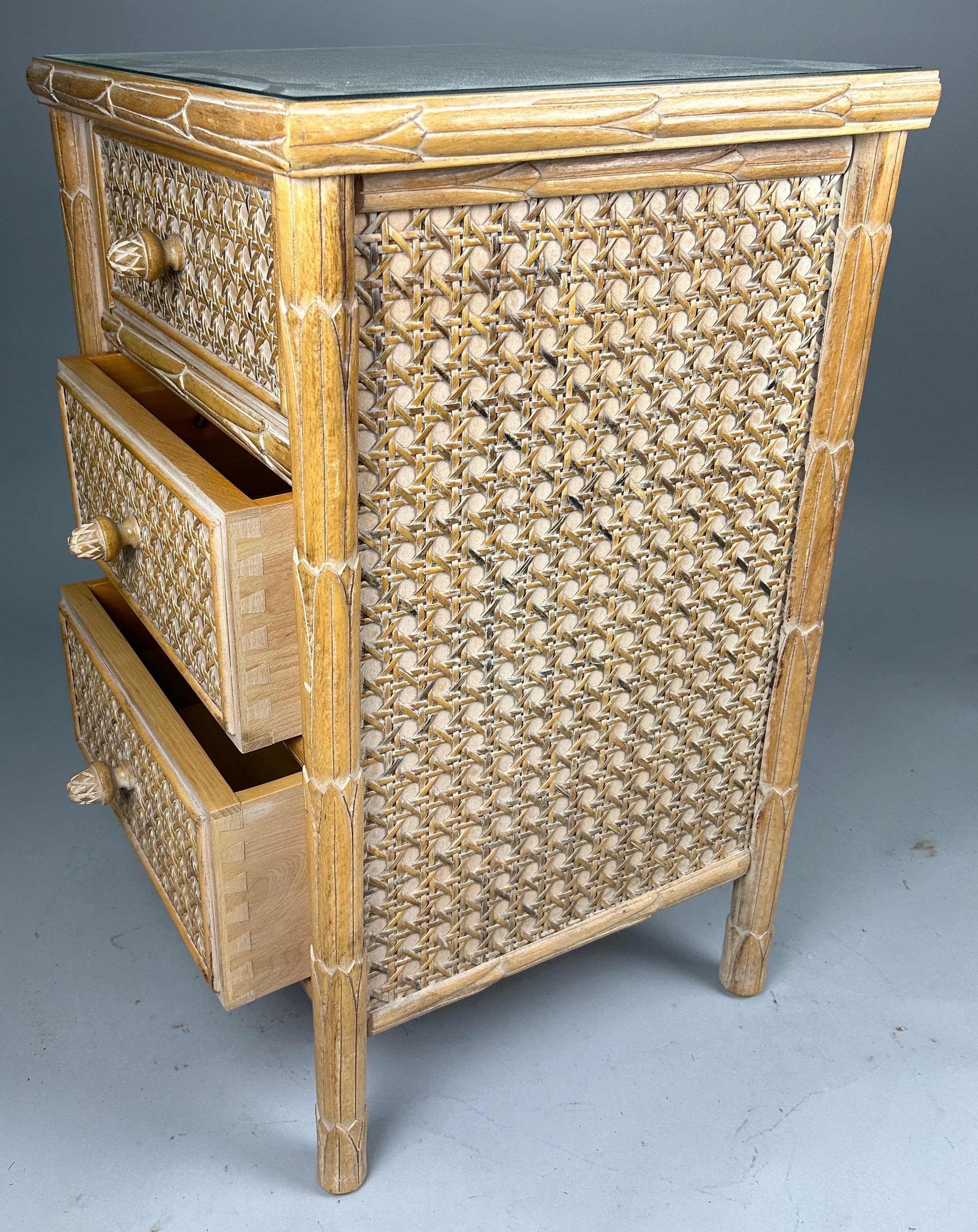 A LIMED WOOD AND CANE BEDSIDE TABLE WITH GLASS TOP 78cm x 50cm x 45cm - Image 3 of 4