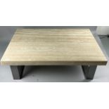 A LARGE TRAVERTINE LOW TABLE, on rectangular steel supports. 140cm x 90cm x 40cm
