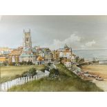 A WATERCOLOUR ON PAPER OF A COASTAL TOWN WITH BEACH AND SEA IN THE DISTANCE, Unsigned. Mounted in
