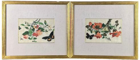 TWO CHINESE RICE PAPER PAINTINGS OF FLOWERS AND BUTTERFLIES, Most likely 19th Century. Each