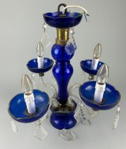A BLUE MURANO GLASS FOUR ARM CHANDELIER WITH CRYSTAL DROPS, 50cm drop
