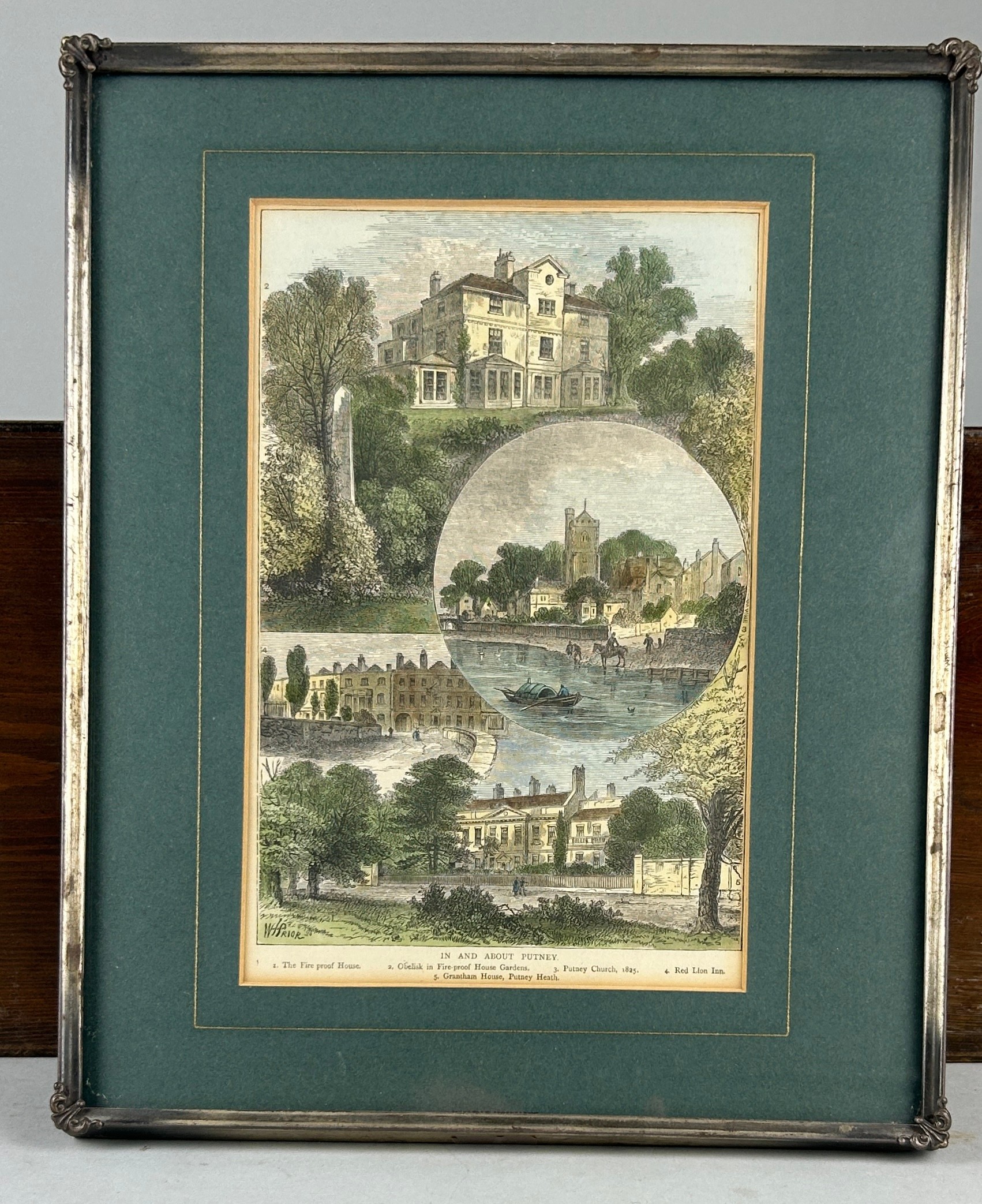 PUTNEY INTEREST: AN UNUSUAL HAND COLOURED PRINT 'IN AND ABOUT PUTNEY' DEPICTING THE FIREPROOF