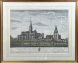 A 19TH CENTURY HAND COLOURED ENGRAVING OF THE NORTHEAST PERSPECTIVE VIEW OF THE CATHEDRAL CHURCH AND